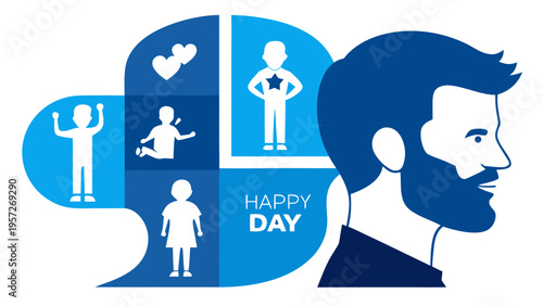 A profile view of a bearded man with a thought bubble containing icons representing a happy day