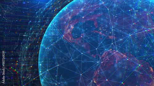 Digital Earth with Global Data Network, Plexus Connections and Programming Code, Futuristic AI Technology Background Loop