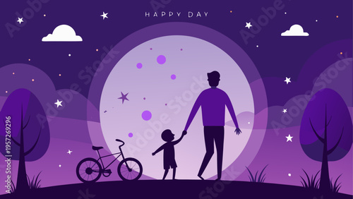 Silhouette of a father and his young child walking together under a bright full moon at night
