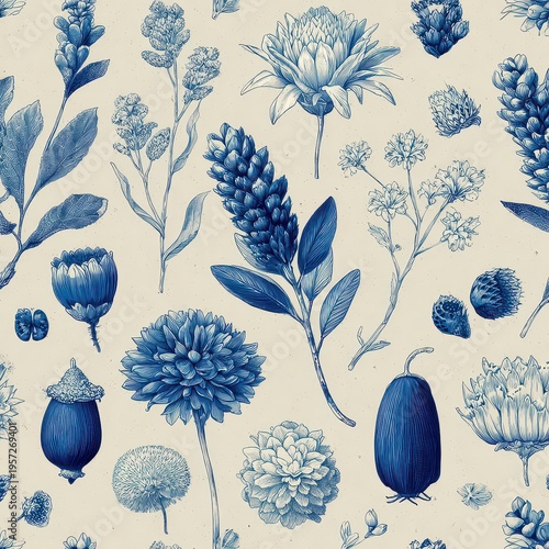 Intricate Blue Floral Patterns on Cream Background for Design Use