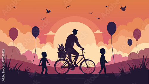 A silhouette of a father riding a bicycle with his children walking beside him at sunset time