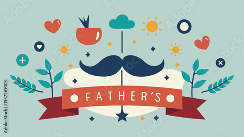 Decorative illustration celebrating fatherhood featuring a prominent mustache and festive elements
