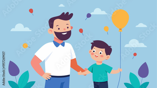 A father and his young son holding a yellow balloon while standing together in a park setting