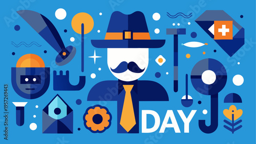 A stylized flat vector illustration featuring a man with a mustache wearing a formal fedora hat