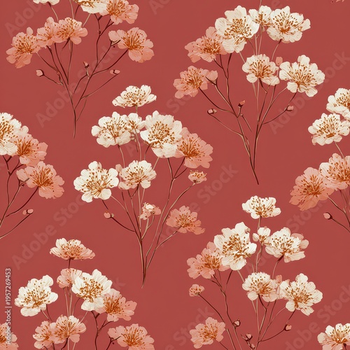 Soft Floral Pattern on Deep Red Background with Romantic Appeal