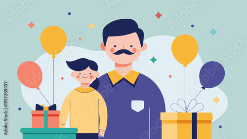 A smiling father and his young child standing together during a joyful celebration with gifts