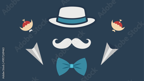 Graphic illustration featuring a classic fedora hat a white mustache and a blue bow tie accessory
