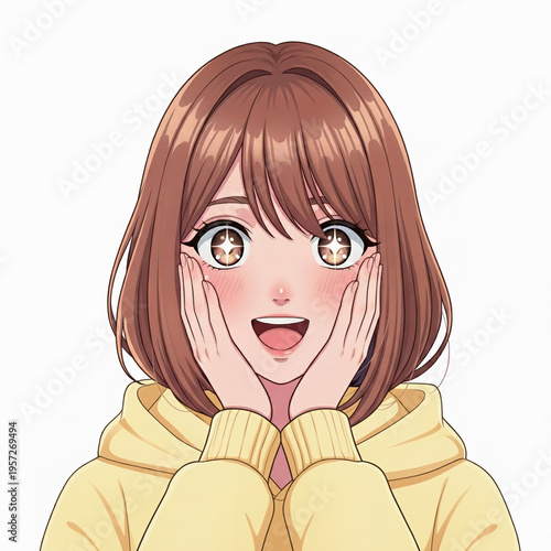 両手を頬に当てて目を輝かせ感動する若い女性のイラスト 期待 サプラ