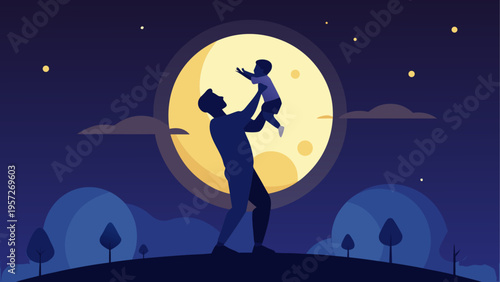 A father lifting his young child towards a large glowing full moon in a peaceful night landscape