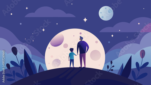 A father and son standing together on a hill while looking at the large glowing full moon at night