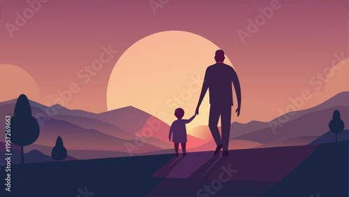 A father holding hands with his young child walking through a mountain landscape at beautiful sunset