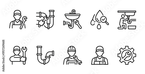 A collection of clean line art icons representing plumbing services, featuring plumbers, pipes, sinks, water drops, and tools, ideal for repair and maintenance themes.