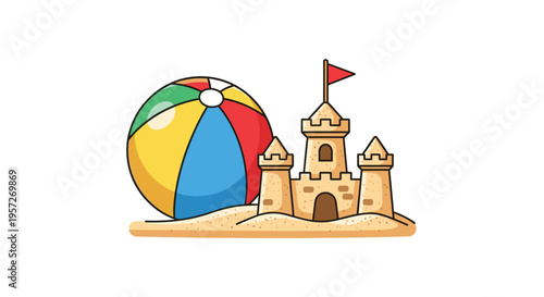 A colorful beach ball and a sandcastle are depicted on a small mound of sand on a white background.