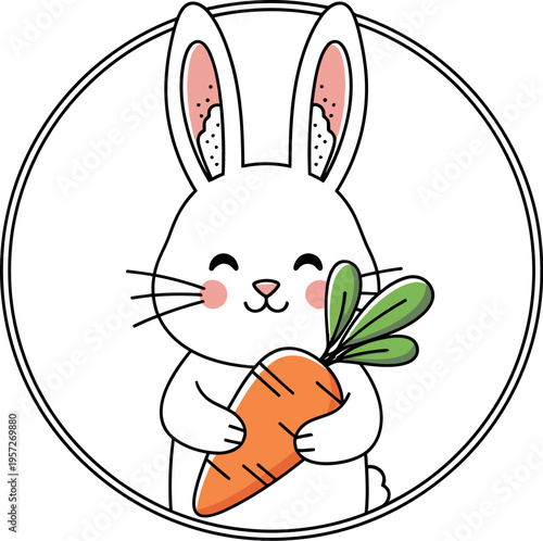 Adorable cartoon white rabbit happily clutching a brightly colored fresh carrot inside a simple circular outline design.