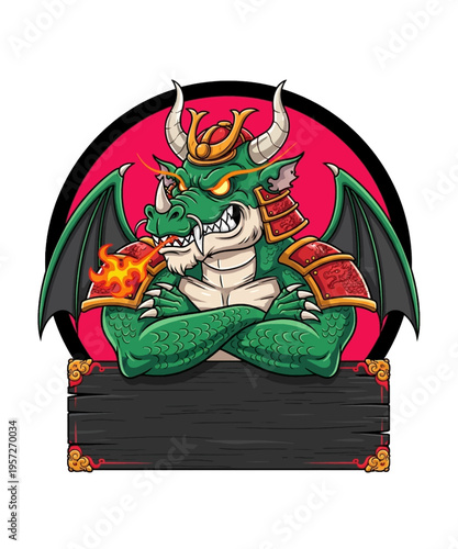 A fierce green dragon warrior, armored in samurai gear, breathing fire with glowing eyes and crossed arms.