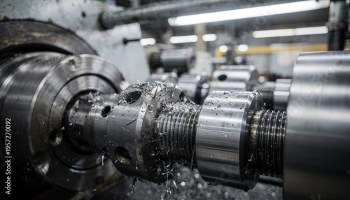 Medium shot showcasing thread rolling processes where metal rods are finely threaded by highspeed rolling machines under factory lighting.