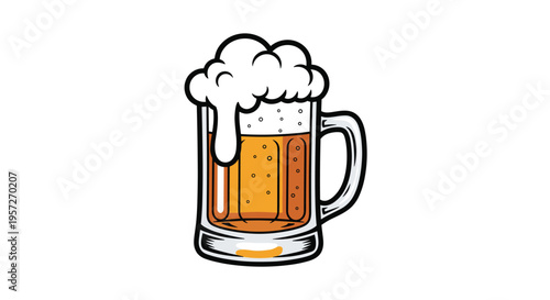 A cartoon beer mug with amber liquid and a large overflowing frothy head is shown against a plain white background.