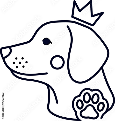 Minimalist line art drawing featuring a royal dog wearing a small crown and displaying a prominent paw print emblem.