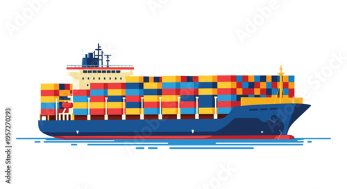 A large blue cargo ship laden with colorful shipping containers sails on a stylized blue water surface against a plain white background.