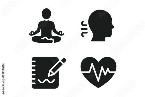 Solid mental wellness icon set, meditation pose, deep breathing exercise, journaling, heart rate monitor, mindfulness, yoga, self-care, vector illustration for wellness and mental health.