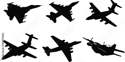 Collection of six military and cargo aircraft silhouettes, black vector icons of fighter jets and heavy transport planes isolated on white.