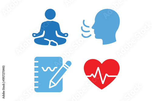 Solid mental wellness icon set, meditation pose, deep breathing exercise, journaling, heart rate monitor, mindfulness, yoga, self-care, vector illustration for wellness and mental health.
