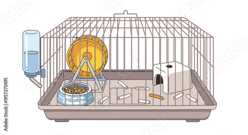 Bird cage with accessories inside.