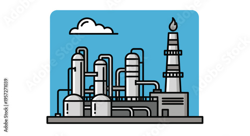 Industrial factory with smokestack and pipes.