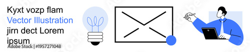 Creativity, business correspondence, innovation, professional work, brainstorming, modern technology. Lightbulb, envelope person using a laptop. Creativity and business correspondence concept