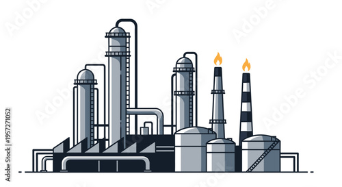 Industrial factory with smokestacks and pipes.