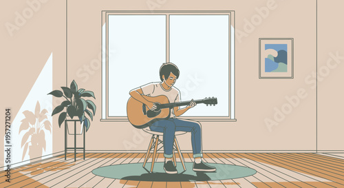 Man playing acoustic guitar sitting down.