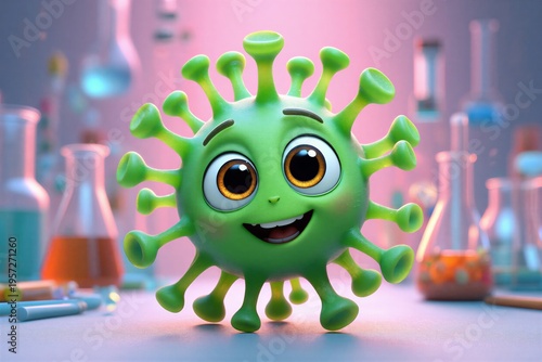 A cheerful green cartoon virus character with a friendly smile, set in a laboratory environment