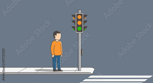 Man waiting at crosswalk alone.