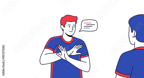 Man teaching sign language to another.