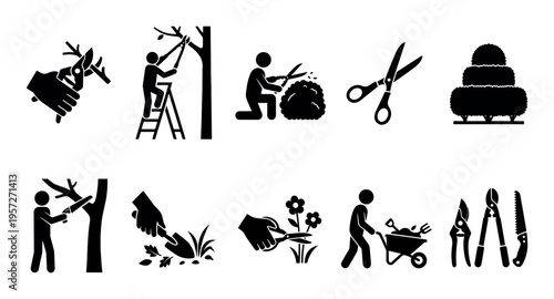 Silhouette icons depict various gardening activities like pruning trees, trimming bushes, and planting flowers with tools such as pruners, saws, and wheelbarrows.
