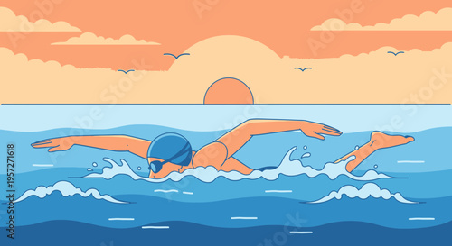 swimmer in blue cap swimming freestyle.