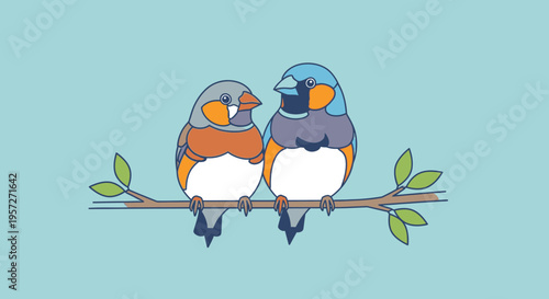 Two colorful birds on a branch.
