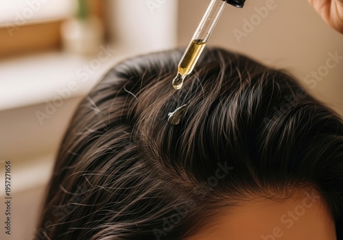 Hair care routine: applying nourishing oil drops to scalp for healthy, shiny hair