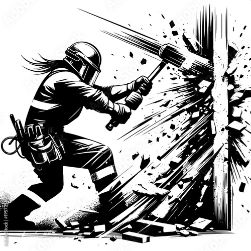 Demolition Worker Breaking Wall