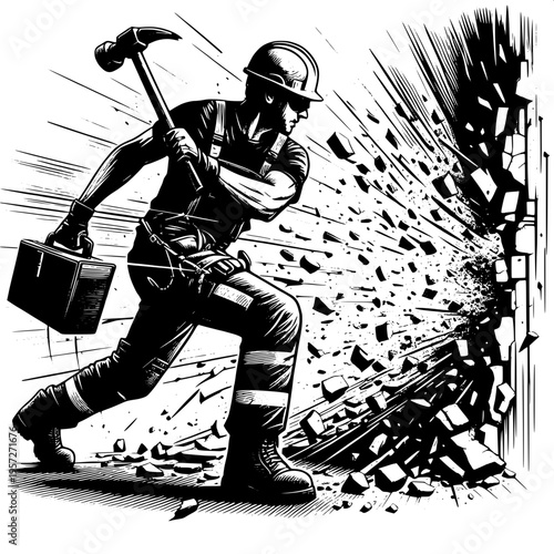 Demolition Worker Breaking Wall