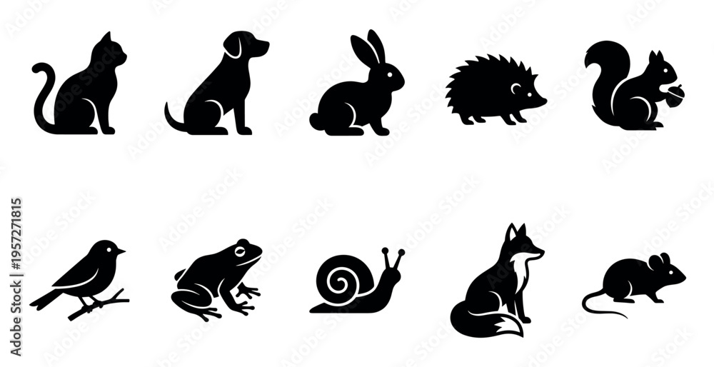 Obraz premium A collection of diverse animal silhouettes including a cat, dog, rabbit, hedgehog, squirrel, bird, frog, snail, fox, and mouse, presented in a clean black and white graphic style.