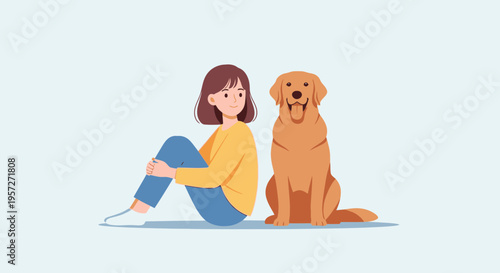 Woman sitting with golden retriever dog.
