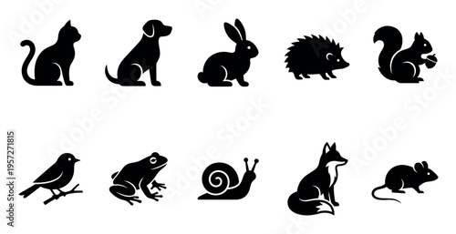 A collection of diverse animal silhouettes including a cat, dog, rabbit, hedgehog, squirrel, bird, frog, snail, fox, and mouse, presented in a clean black and white graphic style.
