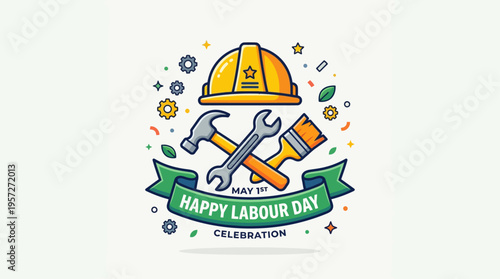 Labour Day Construction Tools and Helmet Vector Illustration