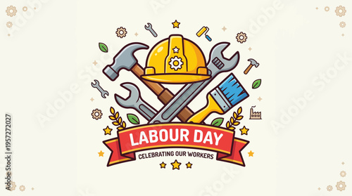 Labour Day Construction Tools and Helmet Vector Illustration