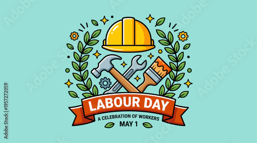Labour Day Construction Tools and Helmet Vector Illustration