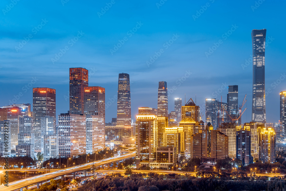 Fototapeta premium Night view of the bustling CBD in Beijing, China