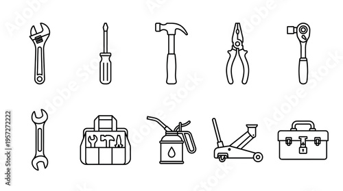 A collection of simple black line art icons depicting various hand tools, including wrenches, a screwdriver, hammer, pliers, ratchet, toolbox, oil can, and car jack, on a white background.