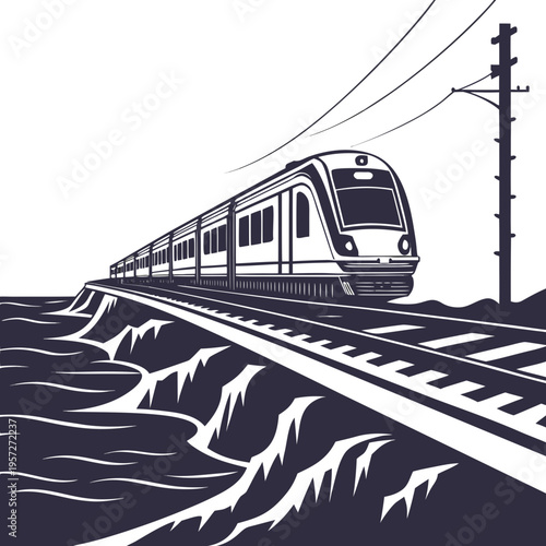 Monochrome illustration of a train traveling along a coastal railway track with rugged cliffs and ocean waves below