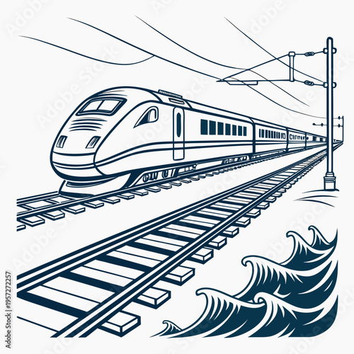 A blue and white illustration of a train traveling along railroad tracks next to a large wave